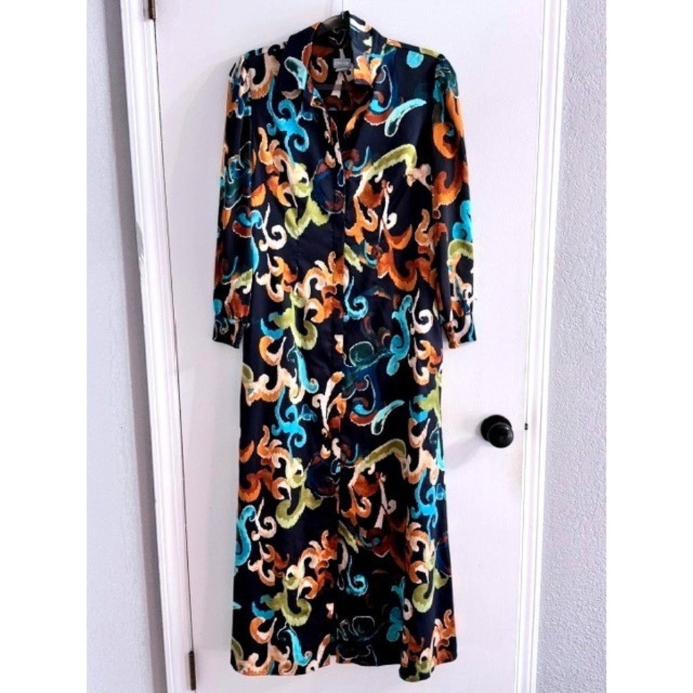 Chicos Abstract Scroll Print Maxi Dress Navy Teal Orange Size 0 US 4 Long Sleeve
